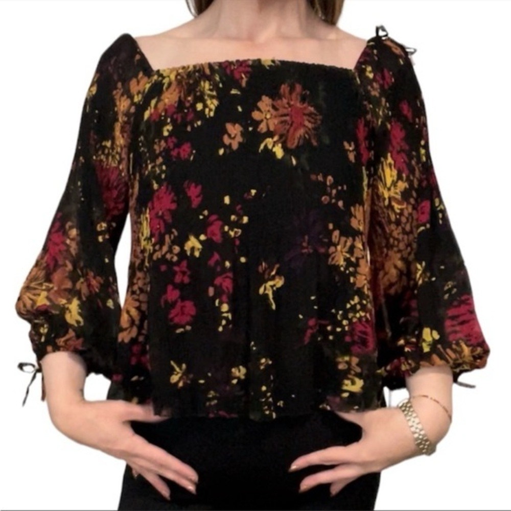 Wilfred Talence Black Floral Blouse with Red and Yellow Accents